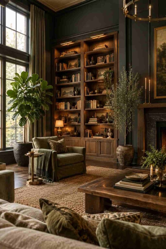 28 Dark Living Room Ideas for High Ceilings That Feel Rich, Not Gloomy (Paint, Lighting & Layout) 20 Tall plants and warm wood shelves in a dark high-ceiling living room