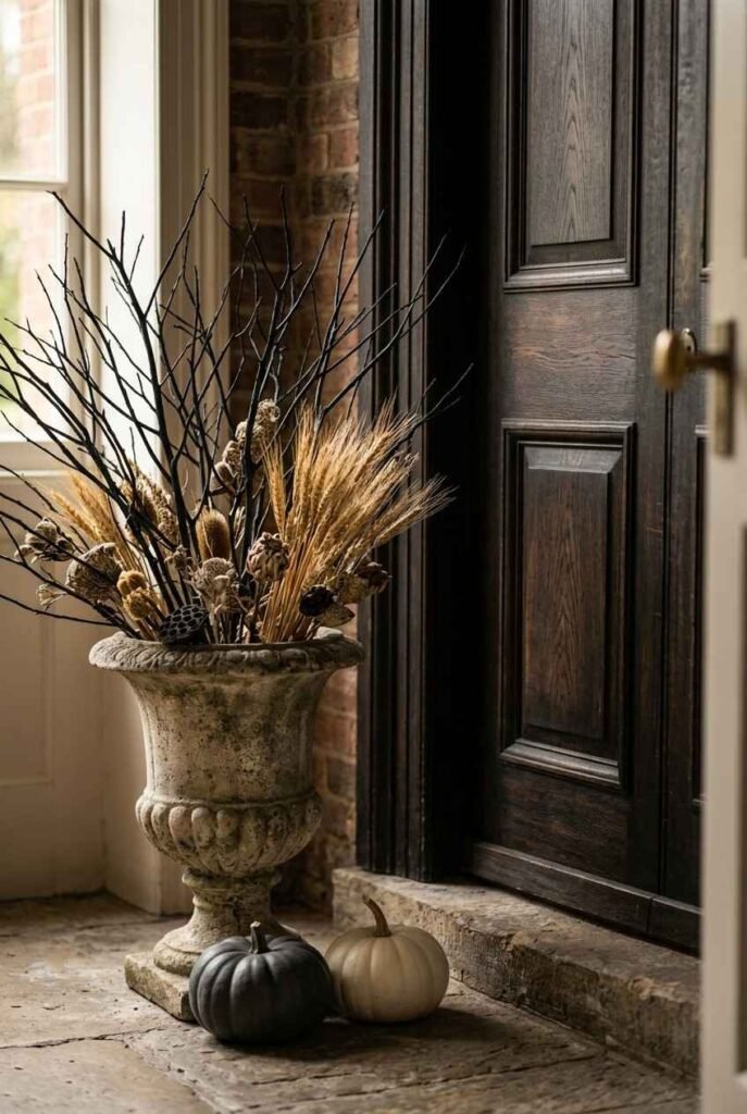 28 Classy Halloween Decor Ideas: Moody, Grown-Up for an Elegant, Stylish Home 6 Tall urn with bare branches and dried wheat framing a Halloween front entry