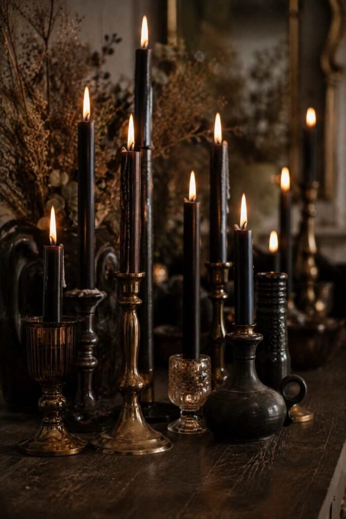Cluster of taper candles in brass, ceramic and glass holders creating warm Halloween ambiance