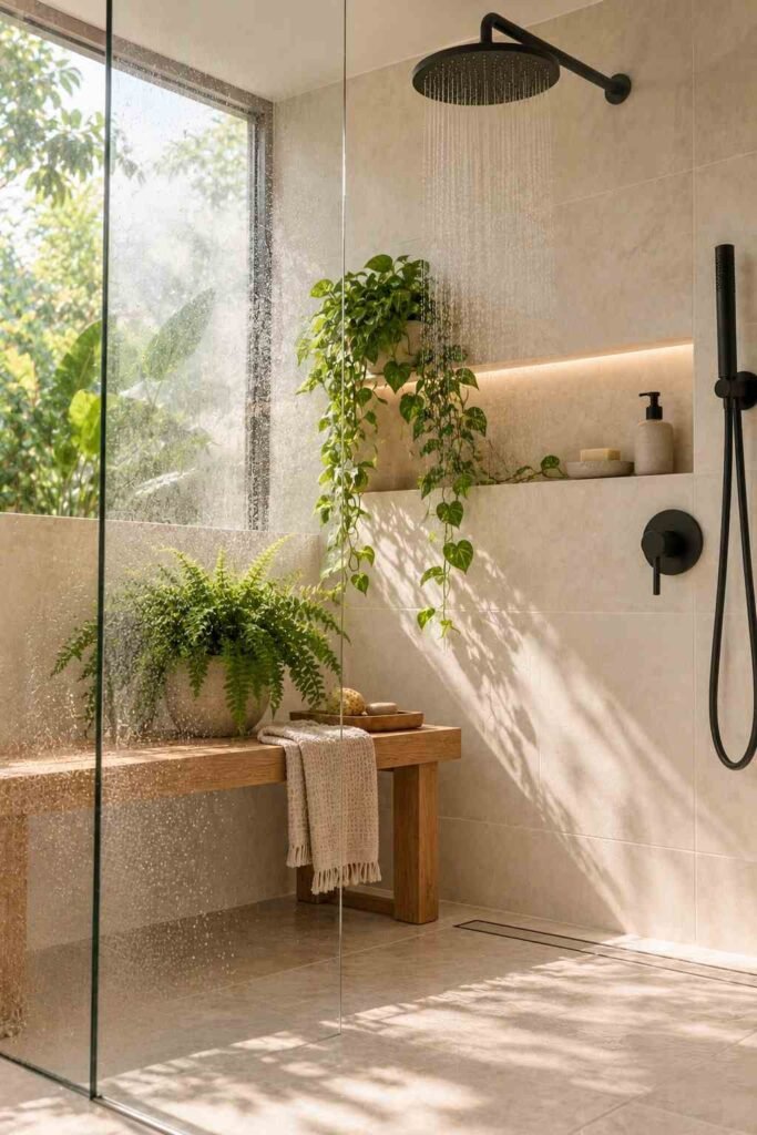Teak shower bench with a fern and trailing pothos in a bright bathroom