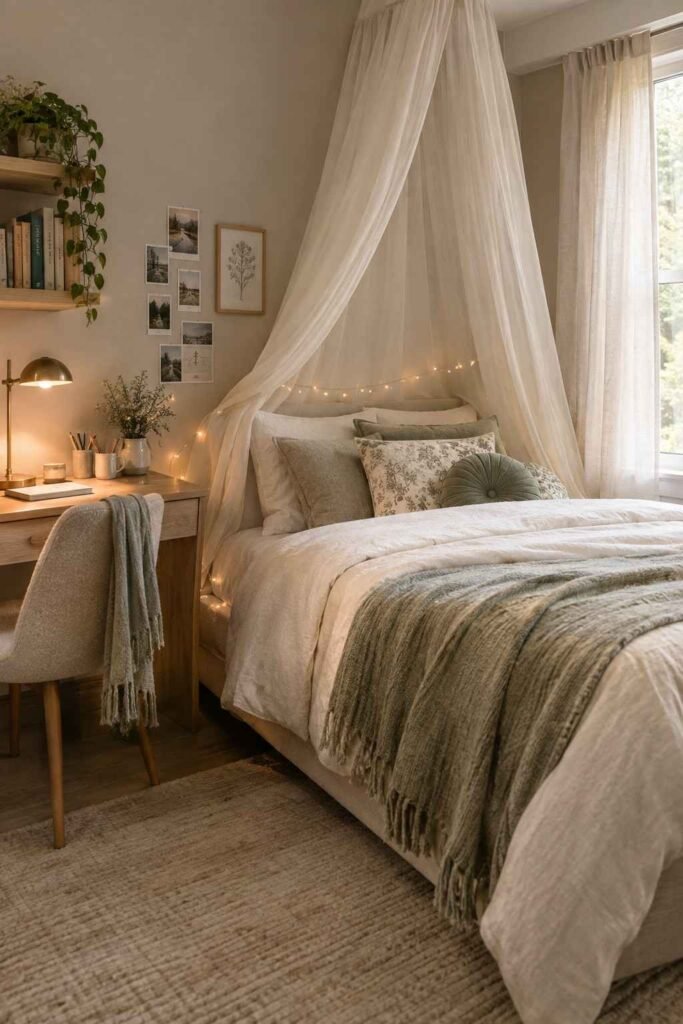 Teen bedroom with a neutral sheer canopy over a linen-covered bed.