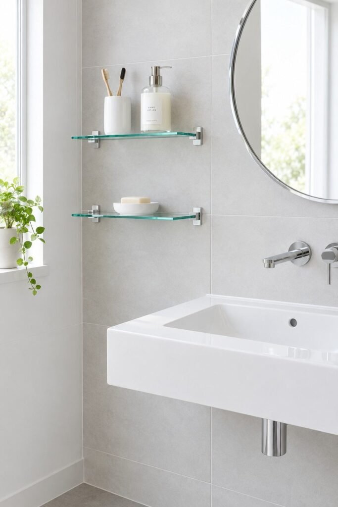Two slim glass wall shelves beside a bathroom mirror holding toiletries above a sink