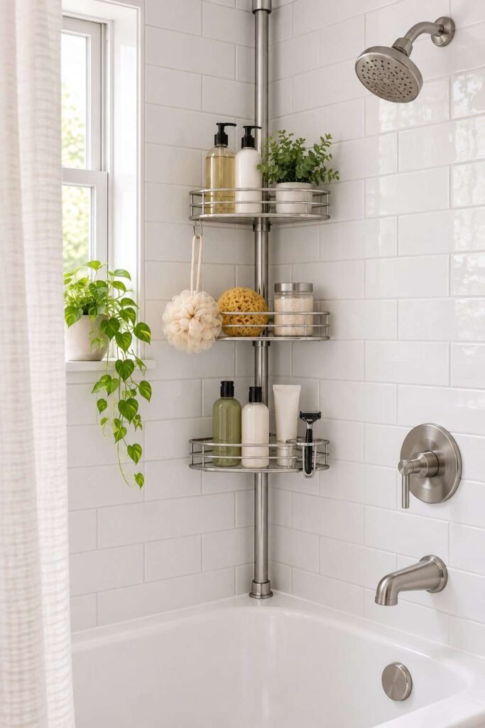 Stainless steel tension pole shower caddy holding shampoo and bath tools.