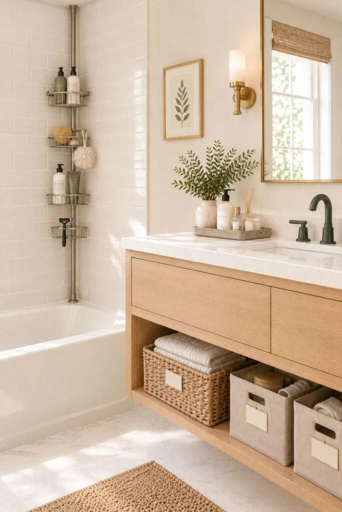 Bathroom Storage Ideas for Toiletries: 30 Smart Ways to Organize Every Space 14 Tension pole shower caddy with baskets in a bathtub corner, no drilling needed