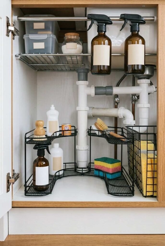 26 Bathroom Storage Ideas Under Sink for a Tidier, Roomier Vanity 10 Spray bottles hanging from a tension rod above the pipes under a sink