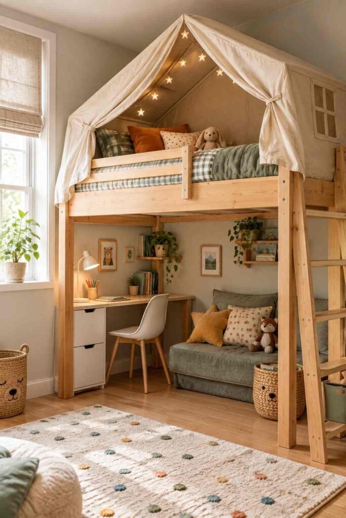 Loft bed with a fabric tent canopy and a desk underneath in a small kids' room.