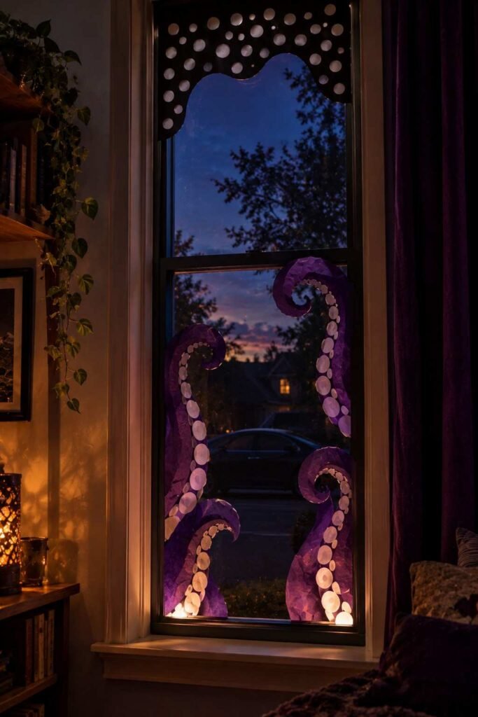 Purple paper tentacle border and black-and-white spotted pattern on a Halloween window.