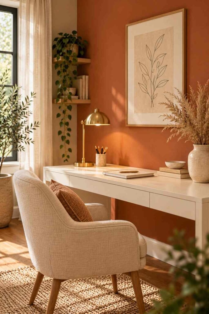 Terracotta feature wall behind a white desk in a cozy home office