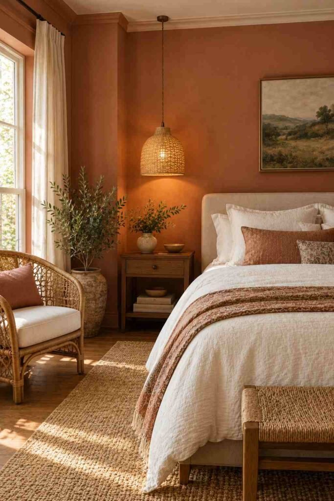 Terracotta bedroom wall with white bedding, jute rug, and rattan chair.