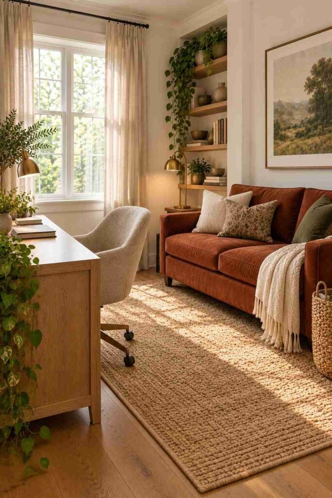 Rust terracotta couch in a white home office with linen and woven textures