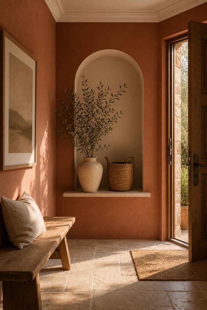 Terracotta entryway with cream arch, wooden bench and woven basket