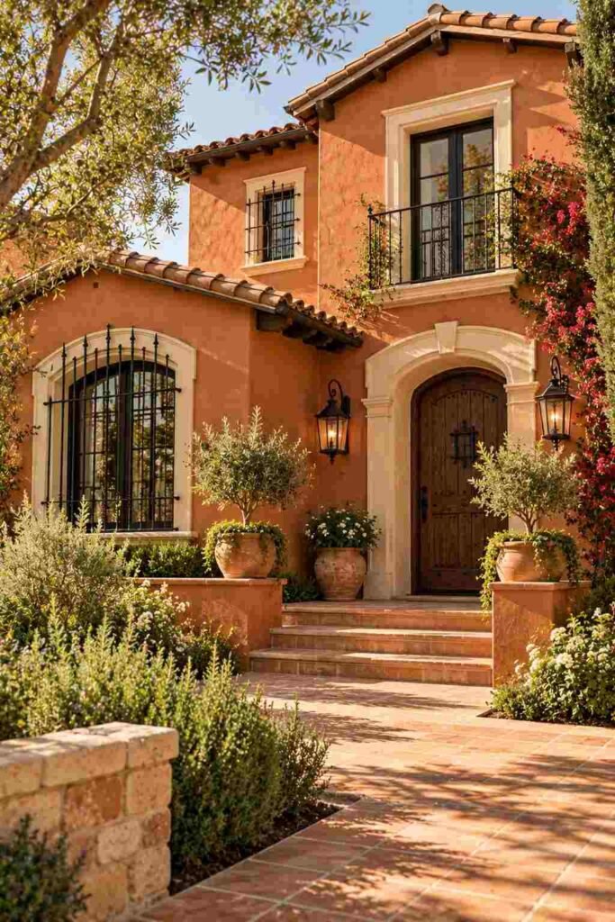 Spanish-style house with terracotta stucco walls, cream trim, and clay tile roof