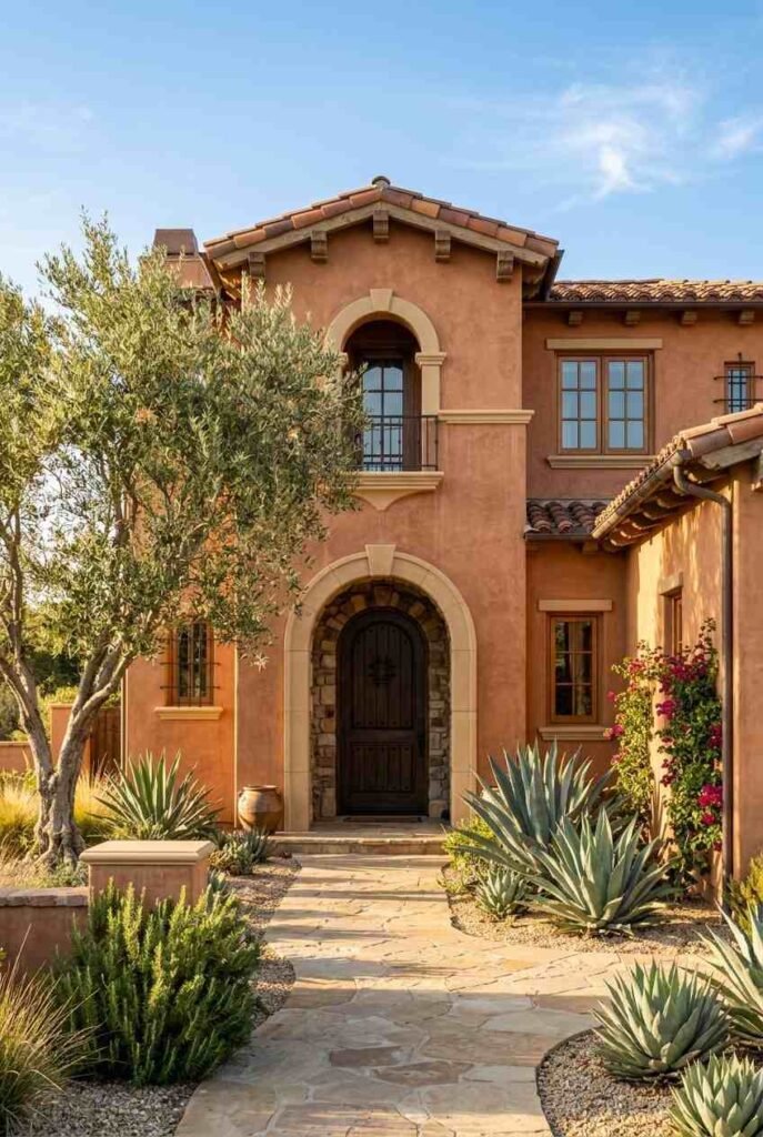 Terracotta stucco house with sand trim, arched entry, and olive tree in warm daylight