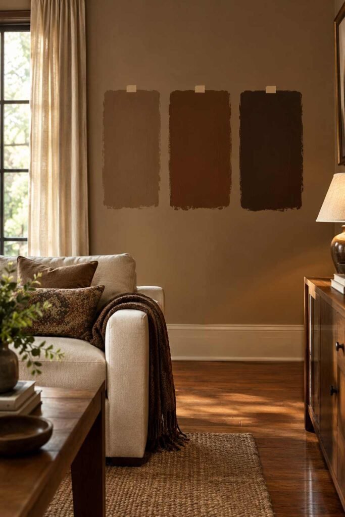 Three large brown paint samples on a living room wall in daylight.