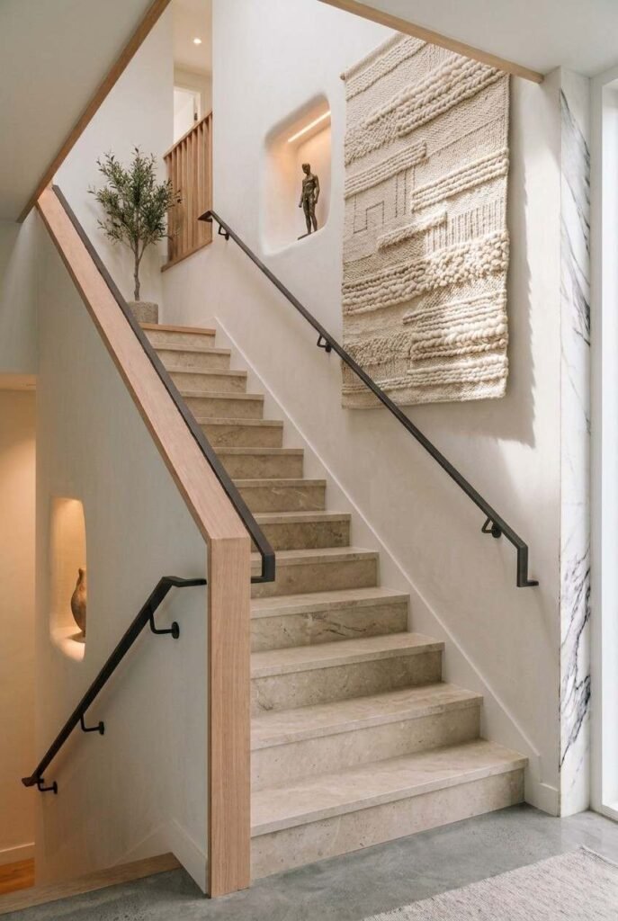28 Stairs Wall Decor Ideas Modern Luxury Interiors Style Your Staircase Wall 18 Neutral woven textile wall hanging adding softness to a staircase wall