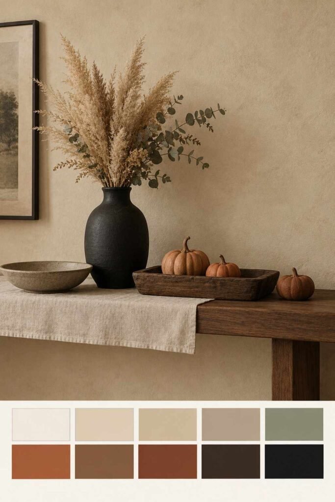 28 Modern Halloween Shelf Styling Ideas That Look Stylish, Not Scary: A Chic, Spooky Home 7 Earthy Halloween shelf with terracotta pumpkins, linen, and stoneware, with a 10-color palette strip below.