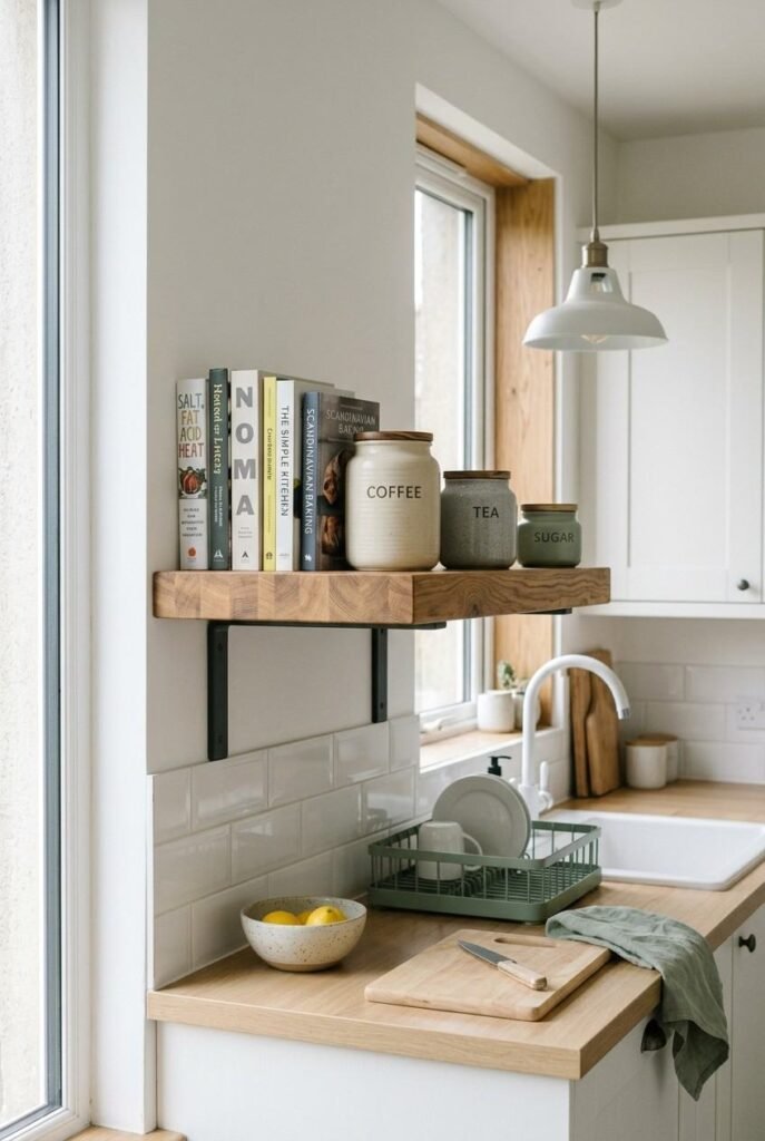 Thick wood shelf on black brackets holding cookbooks and ceramic canisters