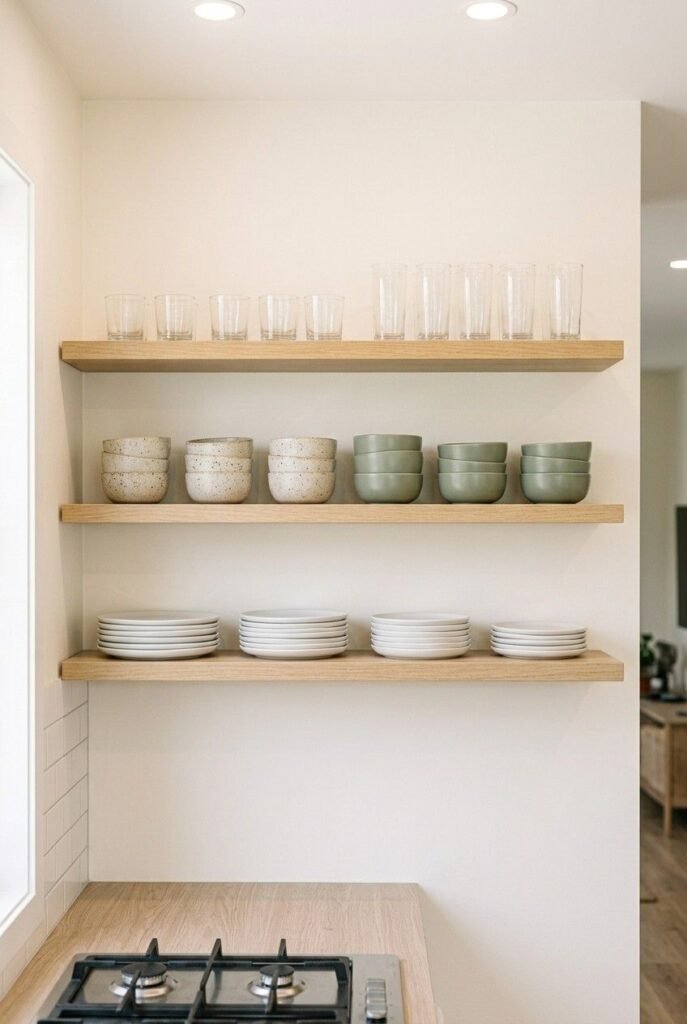 Three evenly spaced matching wood shelves holding plates, bowls, and glasses