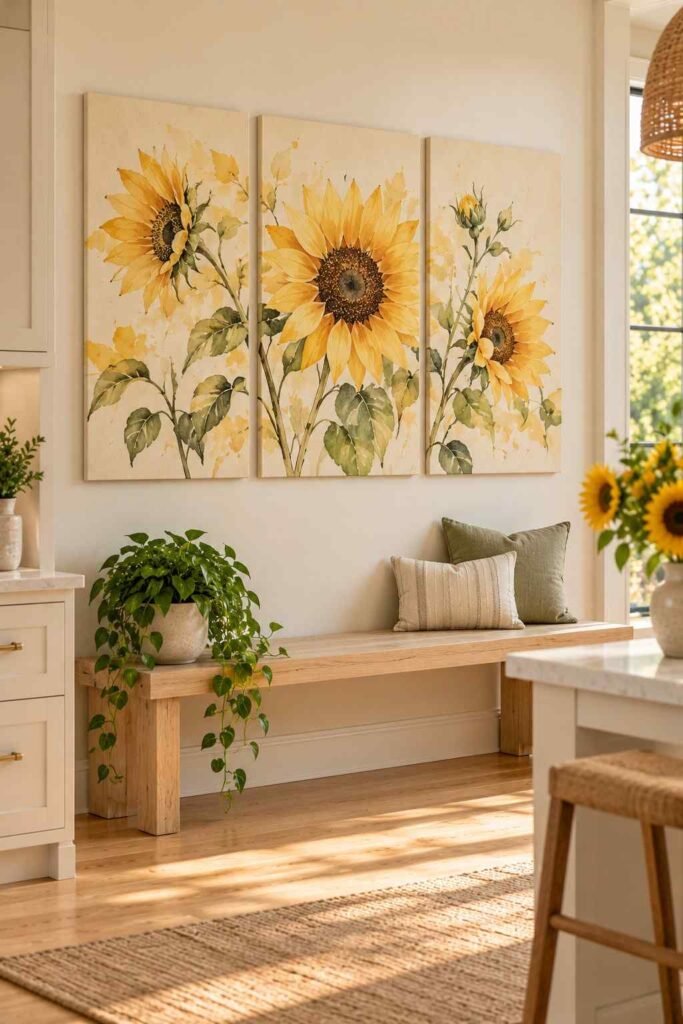 30 Sunflower Kitchen Decor Ideas Modern: From Wall Art to Backsplash Tile 4 Three-panel sunflower canvas hanging above a wood bench in a bright kitchen.