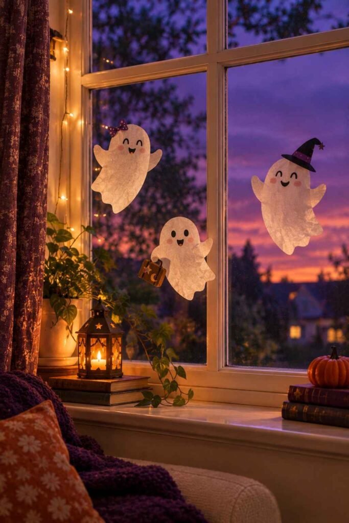 Three small white ghosts with a tiny suitcase hopping along a window corner.
