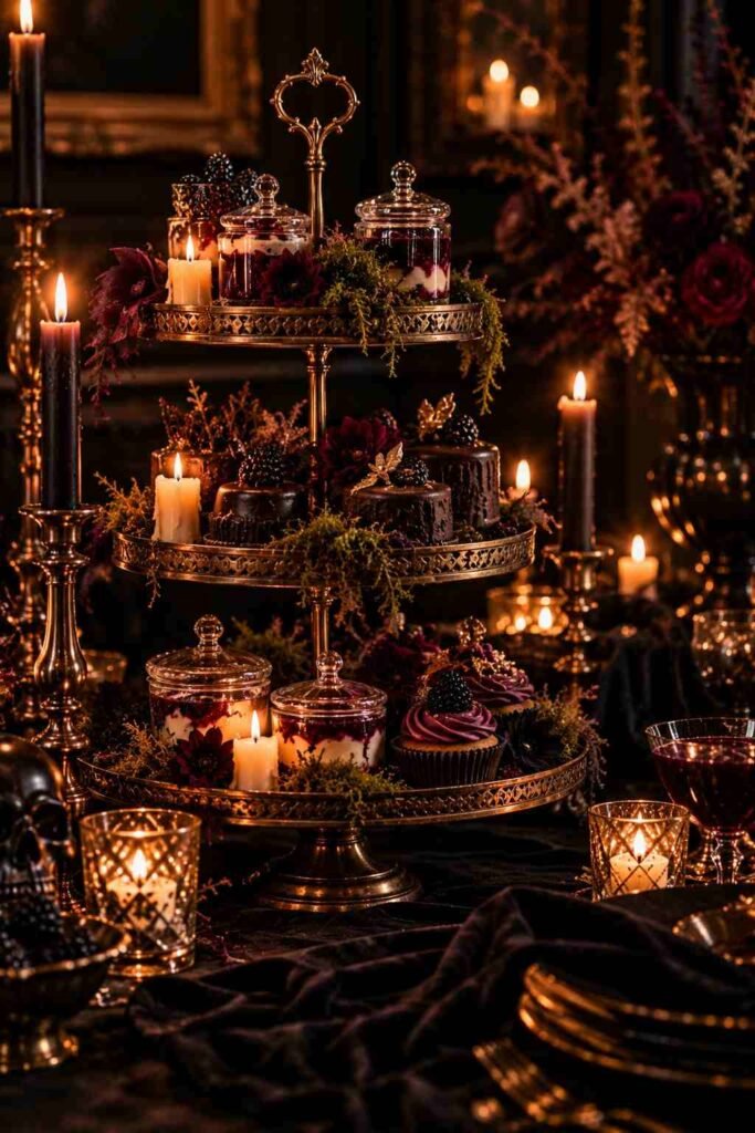 30 Halloween Party Decorations for Adults: Moody, Spooky, Stylish Ideas for Any Home 11 Tiered cake stand styled as a potion and dessert display for Halloween party decorations for adults.