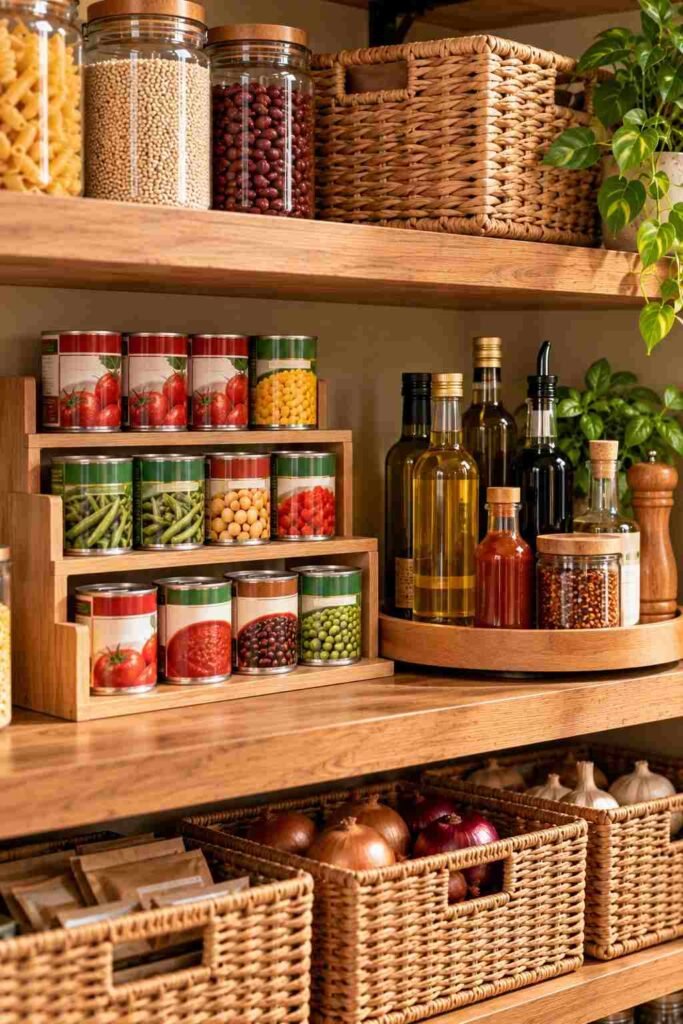 Open Shelving Pantry Kitchen Ideas: 30 Layouts, Storage Tricks and Styling Tips 14 Tiered can riser and lazy Susan holding oils and sauces on a pantry shelf.