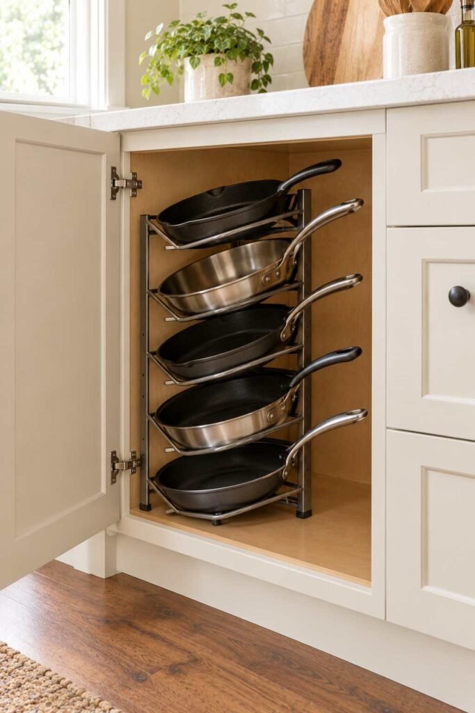Tiered metal rack holding frying pans at an angle inside a cabinet
