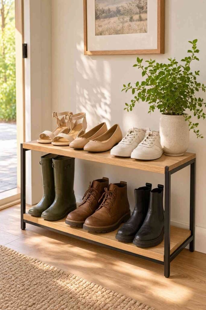 Two-tier shoe rack with boots on the bottom shelf and sandals on top in a tidy entryway.