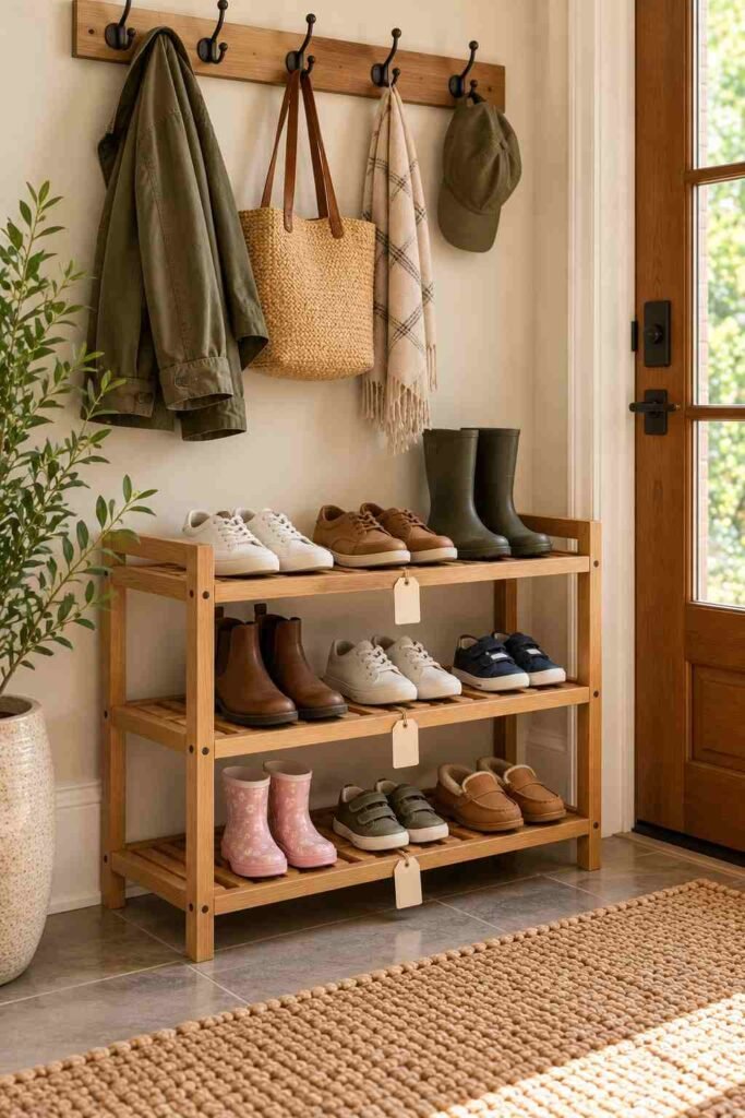 Three-tier shoe rack with one tier per family member in an entryway