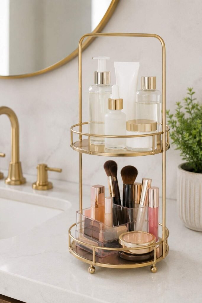 Two-tier stand with skincare and makeup beside a bathroom sink