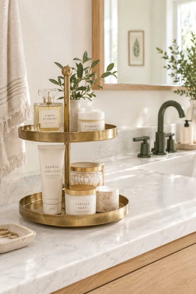 Bathroom Storage Ideas for Toiletries: 30 Smart Ways to Organize Every Space 3 Brass tiered tray holding perfume and lotion on a marble bathroom counter