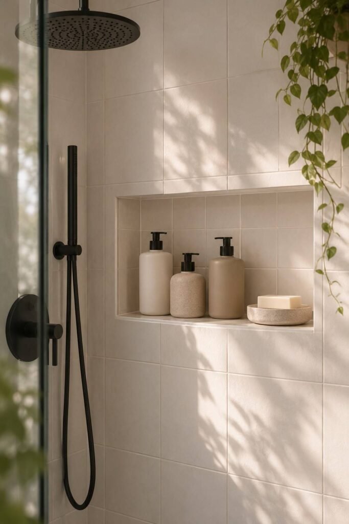 Recessed tiled shower niche holding neutral unlabeled bottles