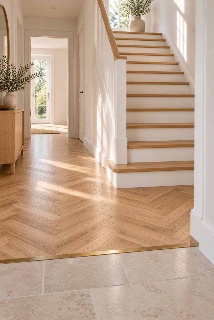 30 Scandinavian Interior Design Ideas with Wood Block Flooring for a Warm, Light-Filled Home 14 Oak stair treads with white risers and a brass transition strip beside wood block flooring