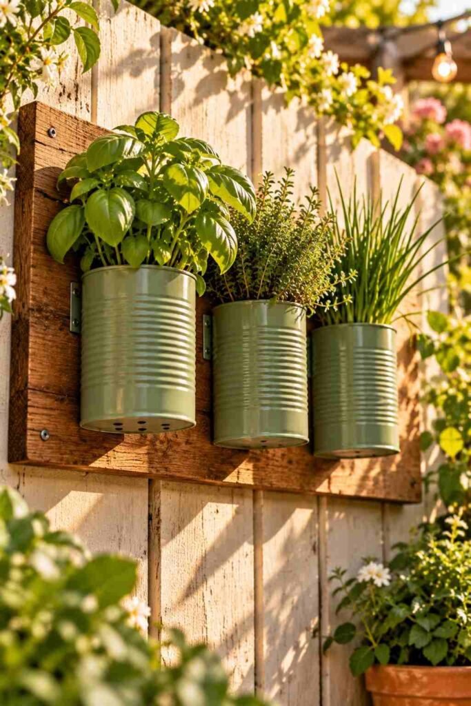 28 Budget-Friendly Outdoor Decorations DIY Garden Projects for Every Season 7 Painted tin can planters with basil, thyme, and chives mounted on a wooden board on a garden fence