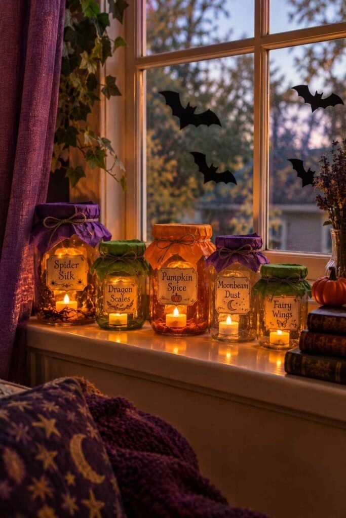 Glass jars with colored tissue and battery tea lights lined on a window sill.