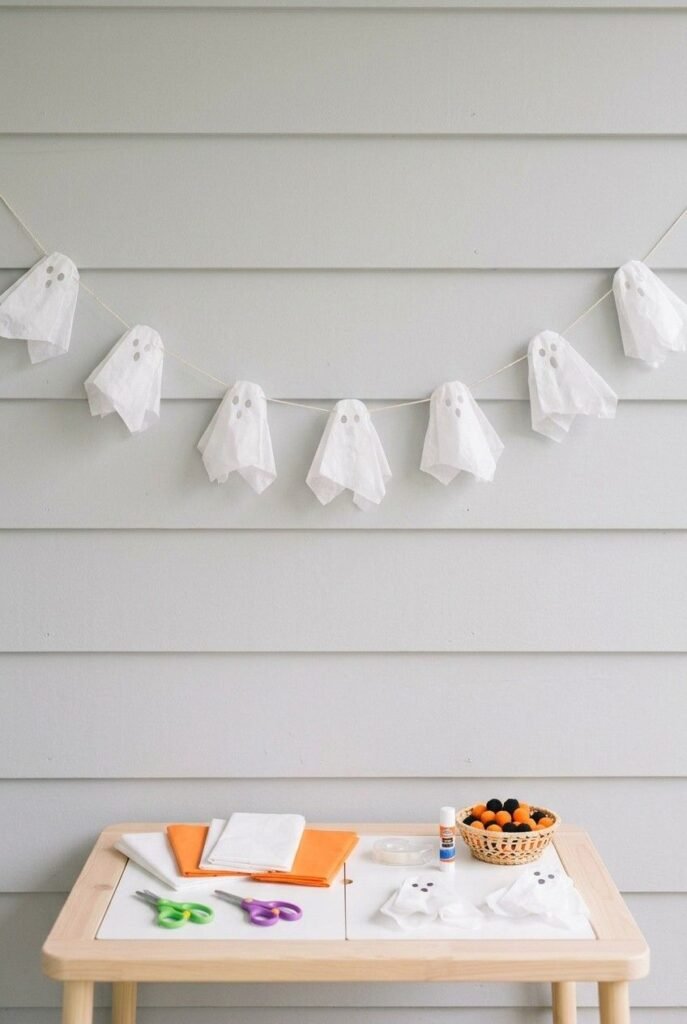 Tissue paper ghost garland hanging across a wall as a simple kids’ Halloween craft.