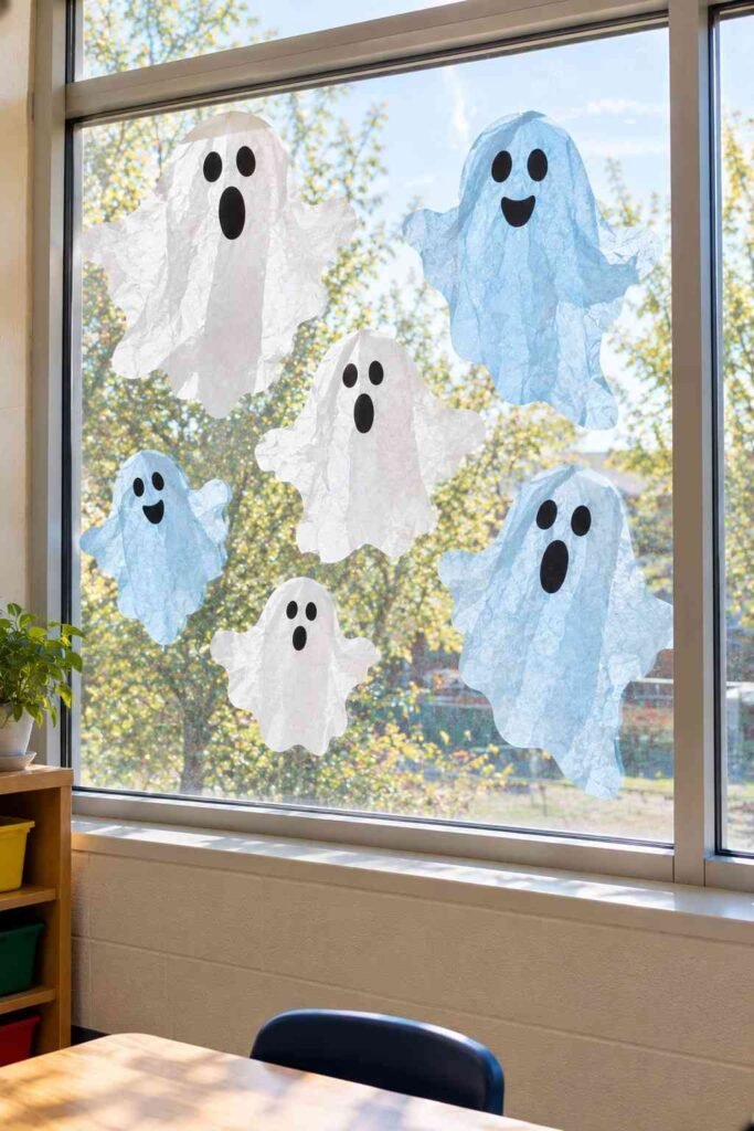 White and pale blue tissue paper ghosts with black paper faces on a classroom window.