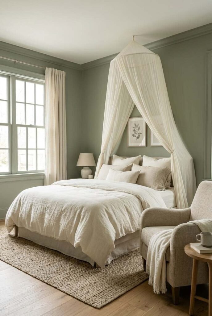Tonal sage green bedroom with an ivory canopy and cream bedding.
