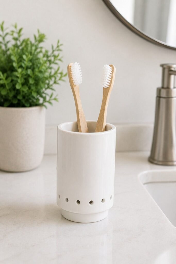 Ceramic toothbrush holder with a drain on a clean bathroom counter
