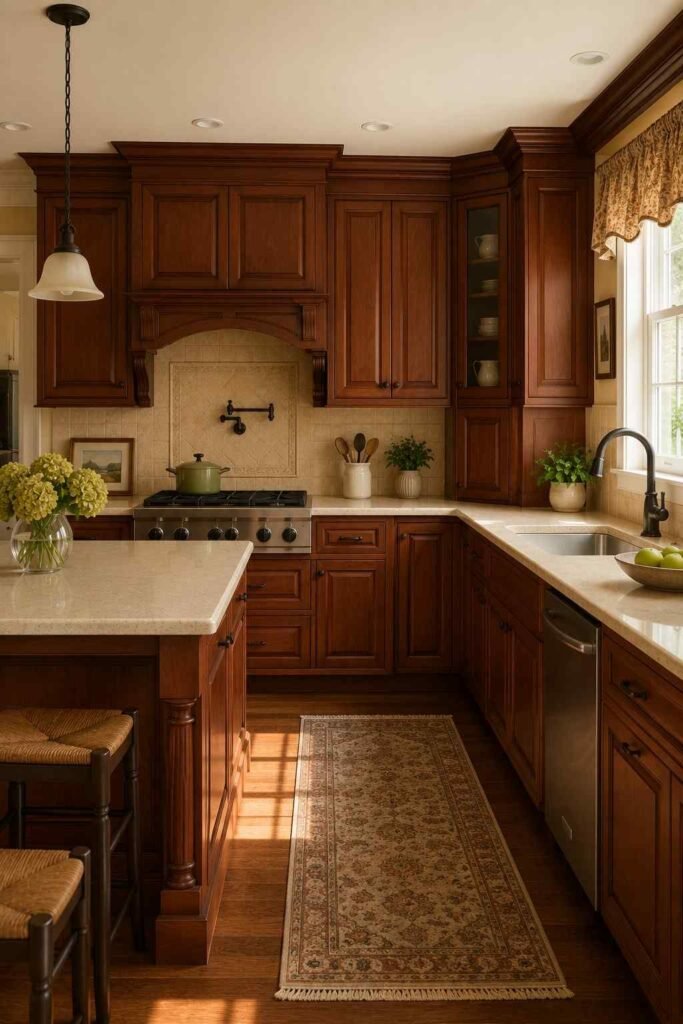 Traditional kitchen with deep cherry wood cabinets and cream countertops