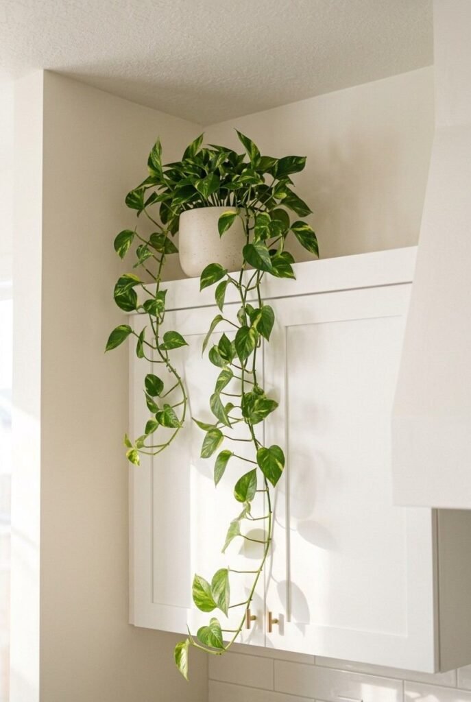 Trailing pothos plant draping over the edge of a wooden kitchen cabinet.