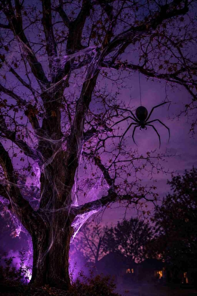 Bare tree draped in thin spider webbing with a giant spider overhead