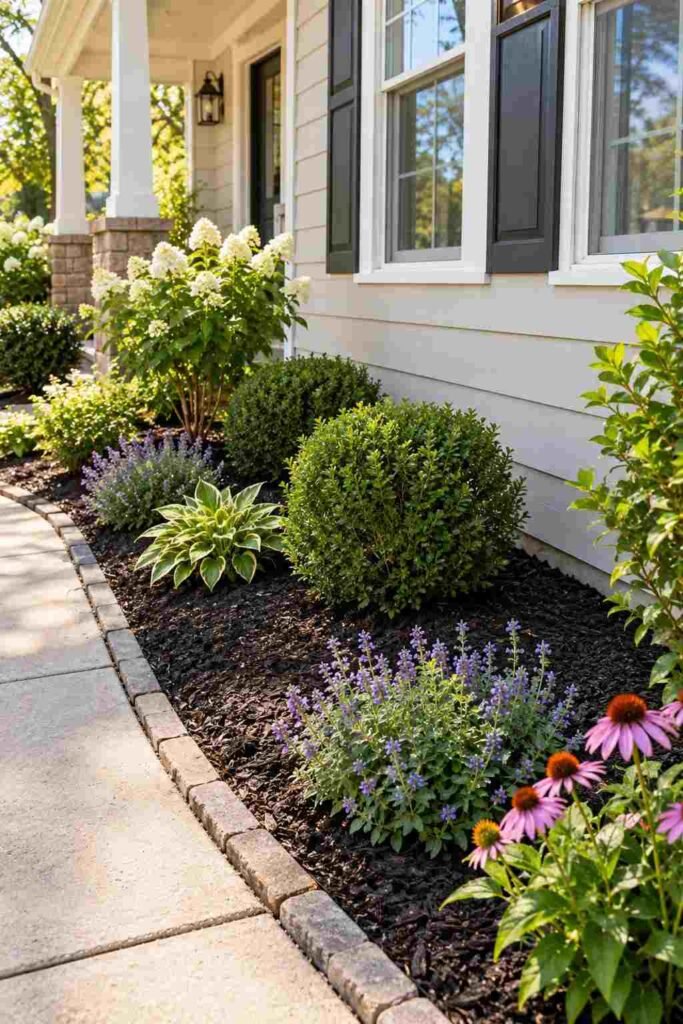 Trimmed shrubs and fresh mulch in a front garden bed with a gap from the siding.