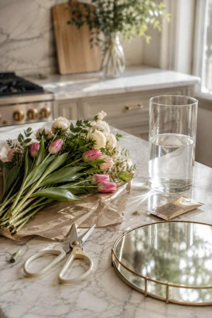27 Chic Mirror Table Decor with Fresh Flowers Ideas for Home, Weddings, and Parties 20 Scissors, fresh tulips and roses, flower food, and a clean vase set up for trimming stems at an angle