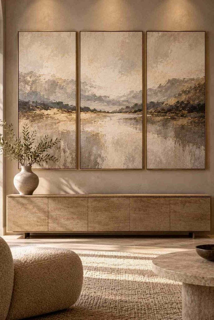 30 Luxury Wall Decor Ideas for Living Room Walls: Art, Texture, Mirrors & Lighting 5 Three-panel triptych artwork in gray and sand above a low sideboard.