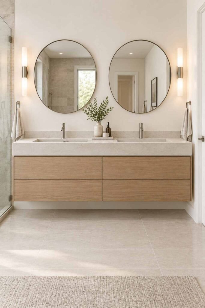 30 Bathroom Vanity Ideas For Double Sink Layouts for Every Style and Budget 6 Trough sink bathroom vanity with two faucets and an oak cabinet below.