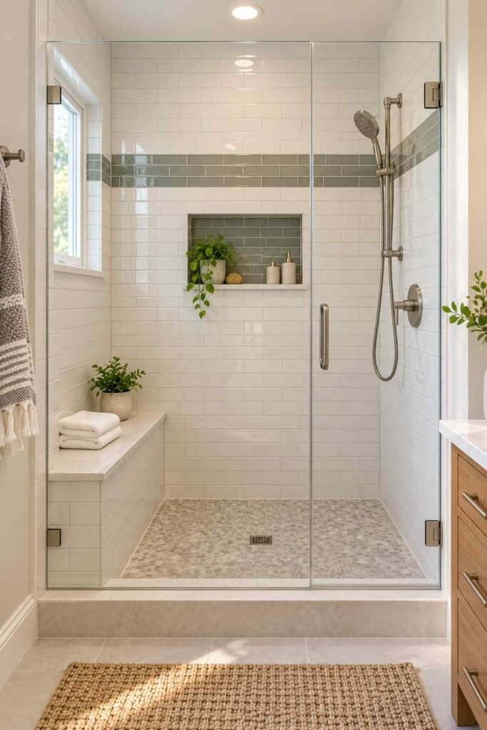 Tub-to-shower conversion with built-in bench, glass door, and white subway tile.