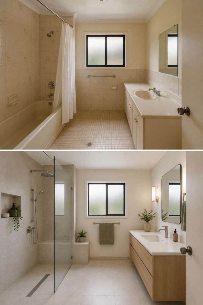 Home Remodeling Before and After: 28 Room-by-Room Transformations 6 Bathroom before and after replacing a tub with a curbless walk-in shower and bench.
