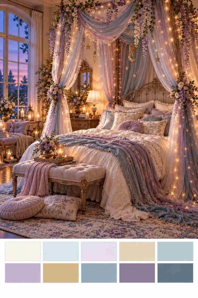 Twilight canopy bed in dusty blue, lavender and champagne gold, with a color swatch strip below