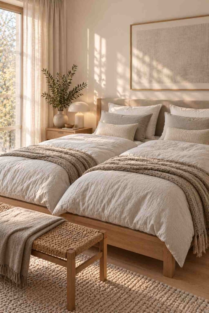 Double bed with two single duvets in matching linen covers, a common Nordic bedding habit